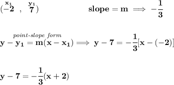\bf (\stackrel{x_1}{-2}~,~\stackrel{y_1}{7})\qquad \qquad \qquad &#10;slope =  m\implies -\cfrac{1}{3}&#10;\\\\\\&#10;% point-slope intercept&#10;\stackrel{\textit{point-slope form}}{y- y_1= m(x- x_1)}\implies y-7=-\cfrac{1}{3}[x-(-2)]&#10;\\\\\\&#10;y-7=-\cfrac{1}{3}(x+2)