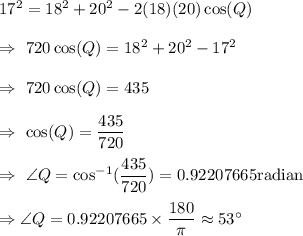 17^2=18^2+20^2-2(18)(20)\cos(Q)\\\\\Rightarrow\ 720\cos(Q)=18^2+20^2-17^2\\\\\Rightarrow\ 720\cos(Q)=435\\\\\Rightarrow\ \cos(Q)=\dfrac{435}{720}\\\\\Rightarrow\ \angle{Q}=\cos^{-1}(\dfrac{435}{720})=0.92207665\text{radian}\\\\\Rightarrow\angle{Q}=0.92207665\times\dfrac{180}{\pi}\approx53^{\circ}