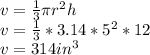 v =\frac{1}{3} \pi r^2h\\v =\frac{1}{3}*3.14*5^2*12\\v=314in^3