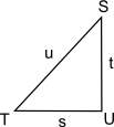 In triangle stu, u2 = s2 + t2.  which equation is true about the measure of