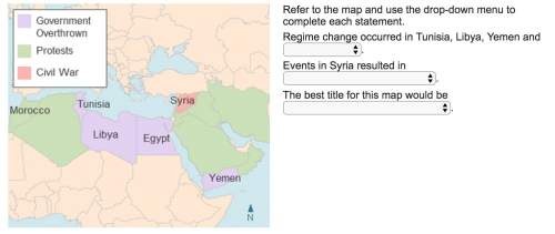 Refer to the map and use the drop-down menu to complete each statement. question 1 answe