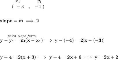 \bf \begin{array}{ccccccccc}&#10;&&x_1&&y_1\\&#10;&&(~ -3 &,& -4~)&#10;\end{array}&#10;\\\\\\&#10;% slope  = m&#10;slope =  m\implies 2&#10;\\\\\\&#10;% point-slope intercept&#10;\stackrel{\textit{point-slope form}}{y- y_1= m(x- x_1)}\implies y-(-4)=2[x-(-3)]&#10;\\\\\\&#10;y+4=2(x+3)\implies y+4=2x+6\implies y=2x+2