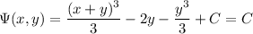 \Psi(x,y)=\dfrac{(x+y)^3}3-2y-\dfrac{y^3}3+C=C