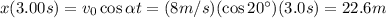 x(3.00 s)=v_0 \cos \alpha t=(8 m/s)(\cos 20^{\circ})(3.0 s)=22.6 m