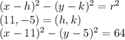 (x-h)^2-(y-k)^2=r^2 \\ (11,-5)=(h,k) \\ (x-11)^2-(y-5)^2=64