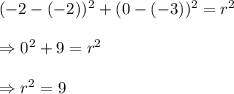 (-2-(-2))^2+(0-(-3))^2=r^2\\\\\Rightarrow0^2+9=r^2\\\\\Rightarrow r^2=9