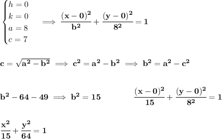 \bf \begin{cases}&#10;h=0\\&#10;k=0\\&#10;a=8\\&#10;c=7&#10;\end{cases}\implies \cfrac{(x- 0)^2}{ b^2}+\cfrac{(y- 0)^2}{ 8^2}=1&#10;\\\\\\&#10;c=\sqrt{a^2-b^2}\implies c^2=a^2-b^2\implies b^2=a^2-c^2&#10;\\\\\\&#10;b^2-64-49\implies b^2=15\qquad \qquad \cfrac{(x- 0)^2}{ 15}+\cfrac{(y- 0)^2}{ 8^2}=1&#10;\\\\\\&#10;\cfrac{x^2}{15}+\cfrac{y^2}{64}=1