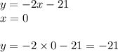 y = - 2x - 21 \\ x = 0 \\ \\ y = - 2 \times 0 - 21 = - 21