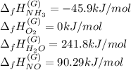 \Delta _fH_{NH_3}^{(G)}=-45.9kJ/mol\\ \Delta _fH_{O_2}^{(G)}=0kJ/mol\\\Delta _fH_{H_2O}^{(G)}=241.8kJ/mol\\\Delta _fH_{NO}^{(G)}=90.29kJ/mol