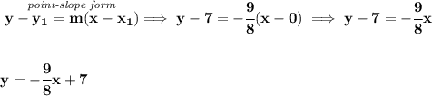 \bf \stackrel{\textit{point-slope form}}{y-{{ y_1}}={{ m}}(x-{{ x_1}})}\implies y-7=-\cfrac{9}{8}(x-0)\implies y-7=-\cfrac{9}{8}x&#10;\\\\\\&#10;y=-\cfrac{9}{8}x+7