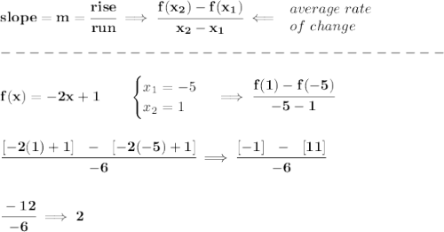 \bf slope = {{ m}}= \cfrac{rise}{run} \implies &#10;\cfrac{{{ f(x_2)}}-{{ f(x_1)}}}{{{ x_2}}-{{ x_1}}}\impliedby &#10;\begin{array}{llll}&#10;average\ rate\\&#10;of\ change&#10;\end{array}\\\\&#10;-------------------------------\\\\&#10;f(x)=-2x+1   \qquad &#10;\begin{cases}&#10;x_1=-5\\&#10;x_2=1&#10;\end{cases}\implies \cfrac{f(1)-f(-5)}{-5-1}&#10;\\\\\\&#10;\cfrac{[-2(1)+1]~~-~~[-2(-5)+1]}{-6}\implies \cfrac{[-1]~~-~~[11]}{-6}&#10;\\\\\\&#10;\cfrac{-12}{-6}\implies 2