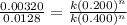 \frac{0.00320}{0.0128}=\frac{k(0.200)^n}{k(0.400)^n}