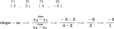 \bf \begin{array}{ccccccccc}&#10;&&x_1&&y_1&&x_2&&y_2\\&#10;%  (a,b)&#10;&&(~ 2 &,& 3~) &#10;%  (c,d)&#10;&&(~ 4 &,& -3~)&#10;\end{array}&#10;\\\\\\&#10;% slope  = m&#10;slope =  m\implies &#10;\cfrac{\stackrel{rise}{ y_2- y_1}}{\stackrel{run}{ x_2- x_1}}\implies \cfrac{-3-3}{4-2}\implies \cfrac{-6}{2}\implies \cfrac{-3}{1}