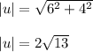 |u|=\sqrt{6^2 + 4^2}\\\\|u|=2\sqrt{13}