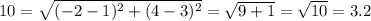 10=\sqrt{(-2-1)^2+(4-3)^2}=\sqrt{9+1}=\sqrt{10}=3.2