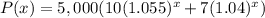P(x)= 5,000(10(1.055)^x + 7(1.04)^x)