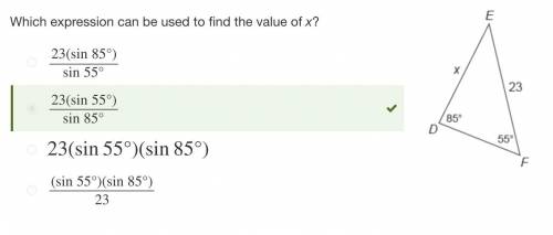 Which expression can be used to find the value of x?  23(sin85°)sin55° 23(sin55°)sin85° (sin55°)(sin