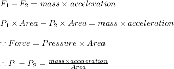 F_{1}-F_{2}=mass\times acceleration\\\\P_{1}\times Area-P_{2}\times Area=mass\times acceleration\\\\\because Force=Pressure\times Area\\\\\therefore P_{1}-P_{2}=\frac{mass\times acceleration}{Area}