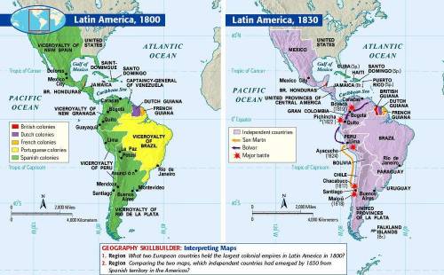 1. what two european countries held the largest colonial empires in latin america in 1800?   2. comp