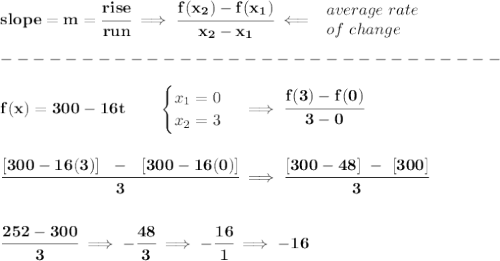 \bf slope = {{ m}}= \cfrac{rise}{run} \implies &#10;\cfrac{{{ f(x_2)}}-{{ f(x_1)}}}{{{ x_2}}-{{ x_1}}}\impliedby &#10;\begin{array}{llll}&#10;average\ rate\\&#10;of\ change&#10;\end{array}\\\\&#10;-------------------------------\\\\&#10;f(x)= 300-16t  \qquad &#10;\begin{cases}&#10;x_1=0\\&#10;x_2=3&#10;\end{cases}\implies \cfrac{f(3)-f(0)}{3-0}&#10;\\\\\\&#10;\cfrac{[300-16(3)]~~-~~[300-16(0)]}{3}\implies \cfrac{[300-48]~-~[300]}{3}&#10;\\\\\\&#10;\cfrac{252-300}{3}\implies -\cfrac{48}{3}\implies -\cfrac{16}{1}\implies -16