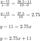 \frac{y-11}{x-0} = \frac{38.5-11}{10-0} \\ \\ \frac{y-11}{x} = \frac{27.5}{10} =2.75 \\  \\ y-11=2.75x \\  \\ y=2.75x+11