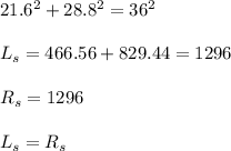 21.6^2+28.8^2=36^2\\\\L_s=466.56+829.44=1296\\\\R_s=1296\\\\L_s=R_s