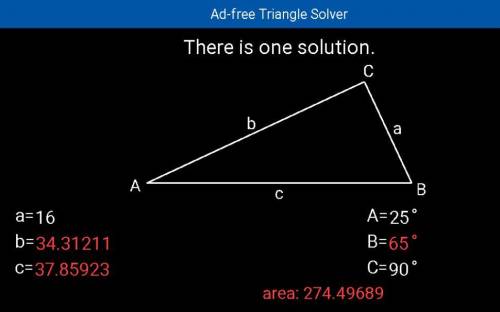 Find the missing angle and side measures of abc, given that a=25, c=90, and cb=16
