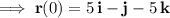 \implies\mathbf r(0)=5\,\mathbf i-\mathbf j-5\,\mathbf k