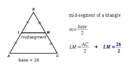 The midsegment of triangle abc is lm. what is the length of lm if ac is 26 inches long?