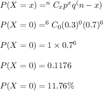 P(X=x)=^nC_xp^xq^(n-x)\\\\P(X=0)=^6C_0(0.3)^0(0.7)^6\\\\P(X=0)=1\times 0.7^6\\\\P(X=0)=0.1176\\\\P(X=0)=11.76\%
