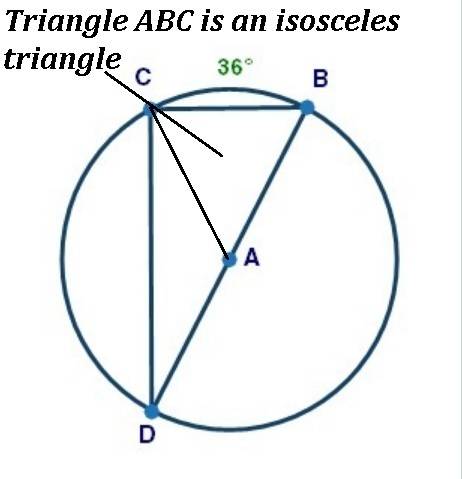 In circle a shown below, segment bd is a diameter and the measure of arc cb is 36°:  points b, c, d