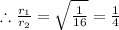 \therefore \frac{r_1}{r_2}=\sqrt{\frac{1}{16}}=\frac{1}{4}