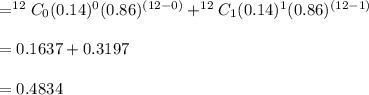 = ^{12}C_{0}(0.14)^{0}(0.86)^{(12-0)}+^{12}C_{1}(0.14)^{1}(0.86)^{(12-1)}\\\\ =0.1637 + 0.3197\\\\ =0.4834
