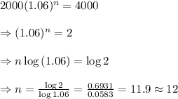2000(1.06)^n=4000 \\  \\ \Rightarrow(1.06)^n=2 \\  \\ \Rightarrow n\log{(1.06)}=\log{2} \\  \\ \Rightarrow n= \frac{\log{2}}{\log{1.06}} = \frac{0.6931}{0.0583} =11.9\approx12