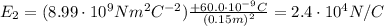 E_2 = (8.99 \cdot 10^9 N m^2 C^{-2} ) \frac{+60.0 \cdot 10^{-9} C}{(0.15 m)^2}=2.4 \cdot 10^4 N/C