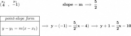 \bf (\stackrel{x_1}{4}~,~\stackrel{y_1}{-1})~\hspace{10em} slope = m\implies \cfrac{5}{2} \\\\\\ \begin{array}{|c|ll} \cline{1-1} \textit{point-slope form}\\ \cline{1-1} \\ y-y_1=m(x-x_1) \\\\ \cline{1-1} \end{array}\implies y-(-1)=\cfrac{5}{2}(x-4)\implies y+1=\cfrac{5}{2}x-10