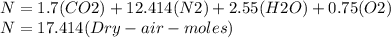 N=1.7(CO2)+12.414(N2)+2.55(H2O)+0.75(O2)\\ N=17.414(Dry-air-moles)