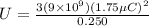 U = \frac{3(9\times 10^9)(1.75 \mu C)^2}{0.250}