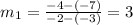 m_1=\frac{-4-(-7)}{-2-(-3)}=3