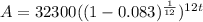 A = 32300 ( (1-0.083)^\frac{1}{12} )^{12t}