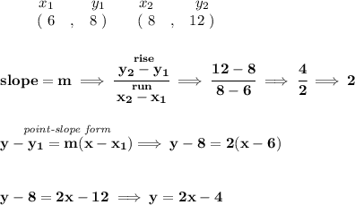 \bf \begin{array}{ccccccccc}&#10;&&x_1&&y_1&&x_2&&y_2\\&#10;%  (a,b)&#10;&&(~ 6 &,& 8~) &#10;%  (c,d)&#10;&&(~ 8 &,& 12~)&#10;\end{array}&#10;\\\\\\&#10;% slope  = m&#10;slope =  m\implies &#10;\cfrac{\stackrel{rise}{ y_2- y_1}}{\stackrel{run}{ x_2- x_1}}\implies \cfrac{12-8}{8-6}\implies \cfrac{4}{2}\implies 2&#10;\\\\\\&#10;% point-slope intercept&#10;\stackrel{\textit{point-slope form}}{y- y_1= m(x- x_1)}\implies y-8=2(x-6)&#10;\\\\\\&#10;y-8=2x-12\implies y=2x-4
