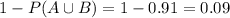 1-P(A\cup B)=1-0.91=0.09