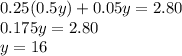0.25(0.5y) + 0.05y = 2.80 \\ 0.175y = 2.80 \\ y = 16