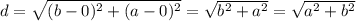 d=\sqrt{(b-0)^2+(a-0)^2}=\sqrt{b^2+a^2}=\sqrt{a^2+b^2}