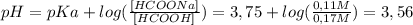 pH=pKa+ log( \frac{[HCOONa]}{[HCOOH]} )=3,75 + log( \frac{0,11M}{0,17M} )=3,56