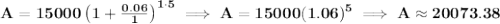 \bf A=15000\left(1+\frac{0.06}{1}\right)^{1\cdot 5}\implies A=15000(1.06)^5\implies A\approx 20073.38