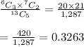 \frac{ ^6C_3\times ^7C_2}{ ^{13}C_5} = \frac{20\times21}{1,287}  \\  \\ = \frac{420}{1,287} =0.3263