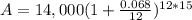 A=14,000(1+\frac{0.068}{12})^{12*15}