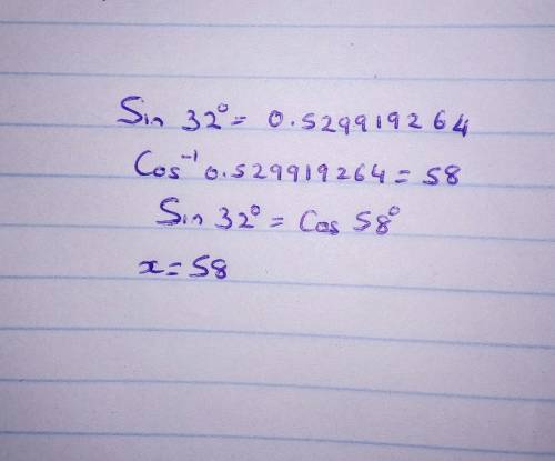 What is the value of x?  sin32°=cos x  enter your answer in the box.