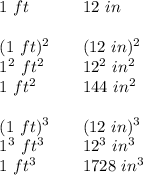 \bf \begin{array}{llll}&#10;1~ft&&12~in\\\\&#10;(1~ft)^2&&(12~in)^2\\&#10;1^2~ft^2&&12^2~in^2\\&#10;1~ft^2&&144~in^2\\\\&#10;(1~ft)^3&&(12~in)^3\\&#10;1^3~ft^3&&12^3~in^3\\&#10;1~ft^3&&1728~in^3&#10;\end{array}